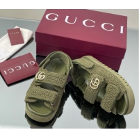 Low Cost Gucci Cotton Crochet Strap Flat Sandals with Double G Dark Green 835086