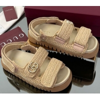 Cheap Price Gucci Cotton Crochet Strap Flat Sandals with Double G Beige 835086