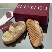 Cheap Price Gucci Cotton Crochet Strap Flat Sandals with Double G Beige 835086