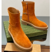 Luxury Gucci Suede Flat Ankle Boots with Slim Horsebit Orange 805312