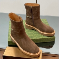 Luxurious Gucci Suede Flat Ankle Boots with Slim Horsebit Brown 805312