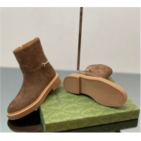 Luxurious Gucci Suede Flat Ankle Boots with Slim Horsebit Brown 805312