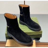 Big Discount Gucci Suede Flat Ankle Boots with Slim Horsebit Black 805312