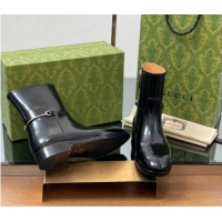 Top Grade Gucci Shiny Leather Flat Ankle Boots with Slim Horsebit Black 2025 805312