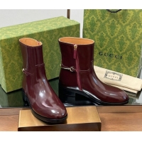 Best Price Gucci Shiny Leather Flat Ankle Boots with Slim Horsebit Burgundy 2025 805312