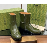 Pretty Style Gucci Shiny Leather Flat Ankle Boots with Slim Horsebit Green 2025 805312