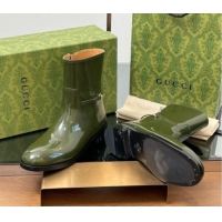 Pretty Style Gucci Shiny Leather Flat Ankle Boots with Slim Horsebit Green 2025 805312