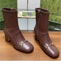 Best Grade Gucci Leather Heel Ankle Boots 9.5cm with Horsebit Brown 2025 794334