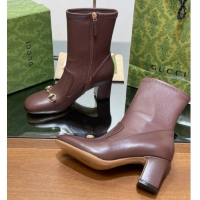 Best Grade Gucci Leather Heel Ankle Boots 9.5cm with Horsebit Brown 2025 794334