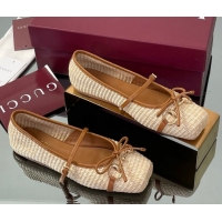 Fashion Gucci Raffia Straw Crochet Ballet Flats with Horsebit Beige 832427