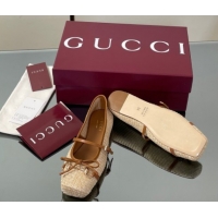 Fashion Gucci Raffia Straw Crochet Ballet Flats with Horsebit Beige 832427