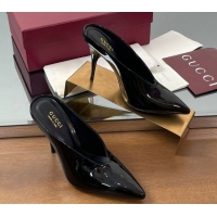 Stylish Gucci V Heel Mules 10.5cm in Patent Leather Black GG082801