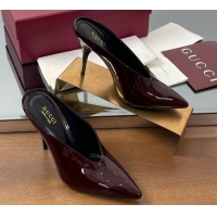 Shop Cheap Gucci V Heel Mules 10.5cm in Patent Leather Dark Burgundy GG082801