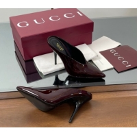 Shop Cheap Gucci V Heel Mules 10.5cm in Patent Leather Dark Burgundy GG082801