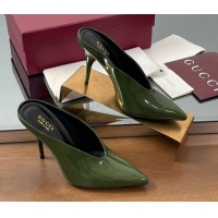 Modern Gucci V Heel Mules 10.5cm in Patent Leather Dark Green 2025 GG082801