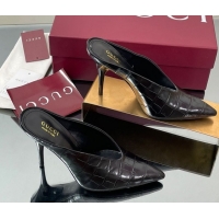 Popular Style Gucci V Heel Mules 10.5cm in Stone Embossed Leather Black 2025 GG082801