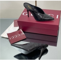Popular Style Gucci V Heel Mules 10.5cm in Stone Embossed Leather Black 2025 GG082801