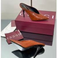 Grade Quality Gucci V Heel Mules 10.5cm in Stone Embossed Leather Brown 2025 GG082801