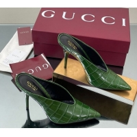 Best Price Gucci V Heel Mules 10.5cm in Stone Embossed Leather Green 2025 GG082801