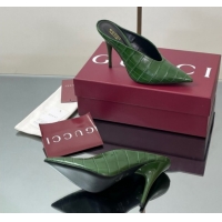 Best Price Gucci V Heel Mules 10.5cm in Stone Embossed Leather Green 2025 GG082801