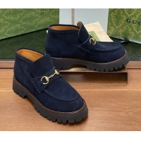 Top Grade Gucci Horsebit Ankle Boots 4.5cm in Suede Dark Blue 2025 764206