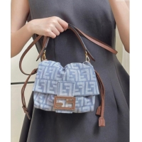 Top Grade Fendi Mamma Baguette Small Bag in Blue denim-effect FF jacquard 8677S 2025