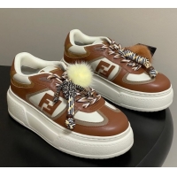 Luxury Fendi Match Platform Sneakers 5cm in Leather and Charm Brown 0822112