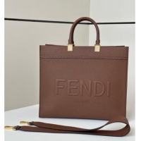 Top Grade Fendi Sunshine Medium Tote Bag in Grained Leather 8636 Brown 2025