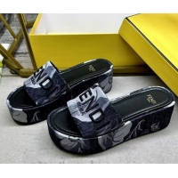 Good Quality Fendi Sunshine Platform Slides Sandal 6cm in Printed Canvas Black 0822122