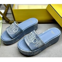 Good Looking Fendi Sunshine Platform Slides Sandal 6cm in Printed Canvas Light Blue 0822125