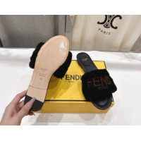 Pretty Style Fendi Shearling Flat Slides Sandal Black FE0822