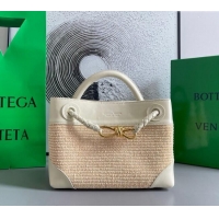 Top Grade Bottega Veneta Small Andiamo Top Handle Bag in Raffia Straw and Leather 743568 Sea Sault 2025