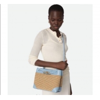 Top Grade Bottega Veneta Small Andiamo Top Handle Bag in Raffia Straw and Leather 743568 Sea Sault 2025