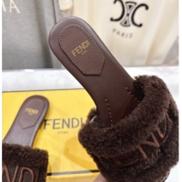 Luxurious Fendi Shearling Flat Slides Sandal Dark Brown 2025 FE0822