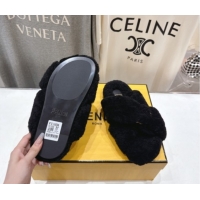 Big Discount Fendi Feel Shearling Flat Slides Sandal Black 2025 FE0821