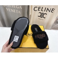 Shop Duplicate Fendi Shearling Flat Slides Sandal Black 2025 FE0820