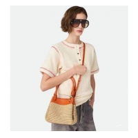 Famous Brand Bottega Veneta Small Parachute Shoulder Bag in Raffia Straw and Leather 827475 Orange 2025