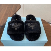 Fashion Prada Wool Flat Slides Sandal Black 2025 PR082507