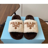 Grade Quality Prada Wool Flat Slides Sandal White/Brown 2025 PR082507