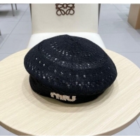 Promotional Miu Miu Strass Logo Knit Beret Hat 0724 Black 2025