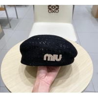 Promotional Miu Miu Strass Logo Knit Beret Hat 0724 Black 2025