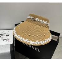Grade Quality Miu Miu Straw Visor Hat with Flower and Pearls 4075 Khaki 2025