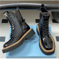 Good Product Prada Brushed Leather Laced-up Ankle Boots Black 2025 PR082510