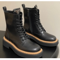 Inexpensive Prada Calf Leather Laced-up Ankle Boots Black 2025 PR082510