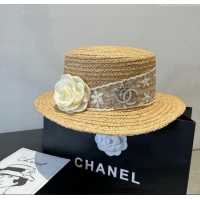 Good Taste Chanel Straw Wide Brim Hat with White Flower 0724 2025
