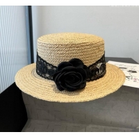 Cheapest Chanel Straw Wide Brim Hat with Black Flower 0724 2025