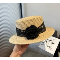 Cheapest Chanel Straw Wide Brim Hat with Black Flower 0724 2025