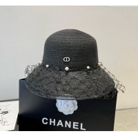 Spot Bulk Dior Straw Bucket Hat with Pearls Mesh 4081 Black 2025