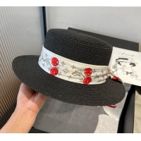 New Design Louis Vuitton Straw Wide Brim Hat with Cherry Band 0724 Black 2025