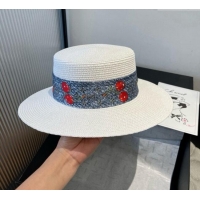 Discount Louis Vuitton Straw Wide Brim Hat with Cherry Band 0724 White/Blue 2025